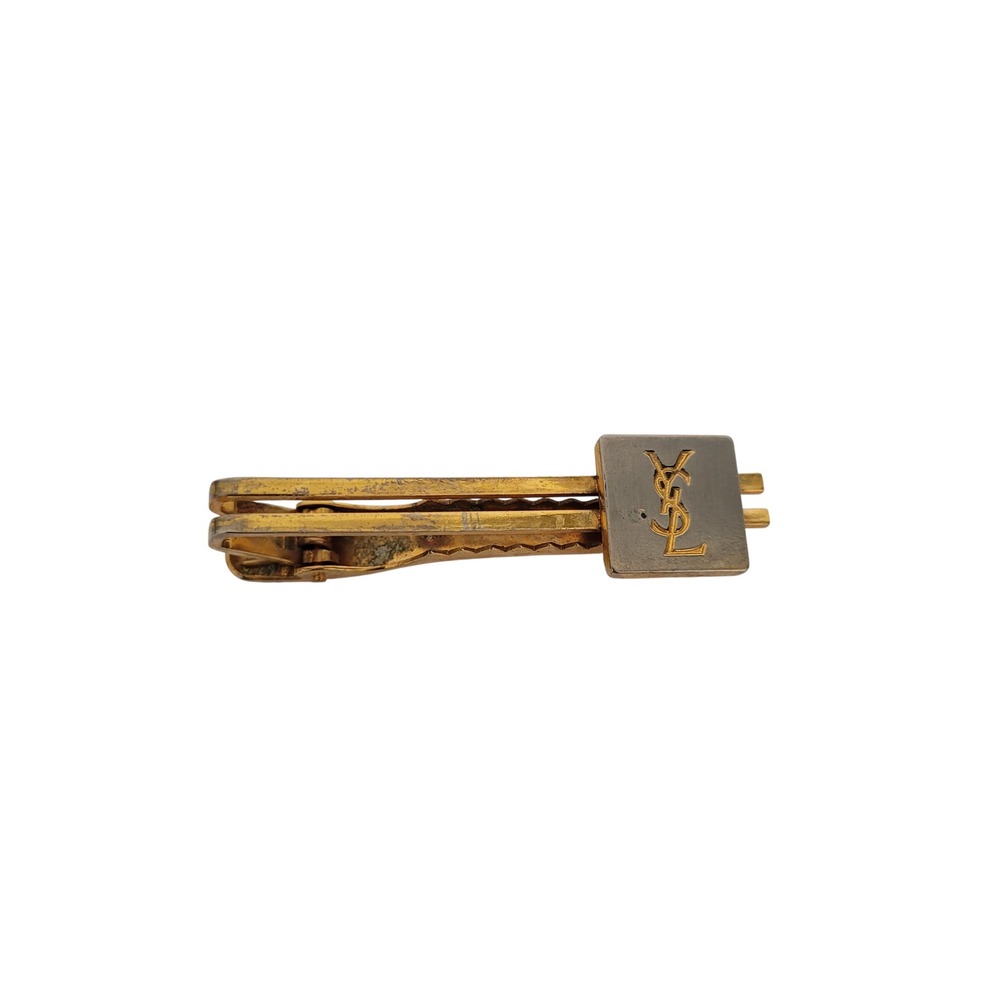 Yves Saint Laurent YSL Vintage Gold Silver Tone Logo Tie Clip Men Accessory